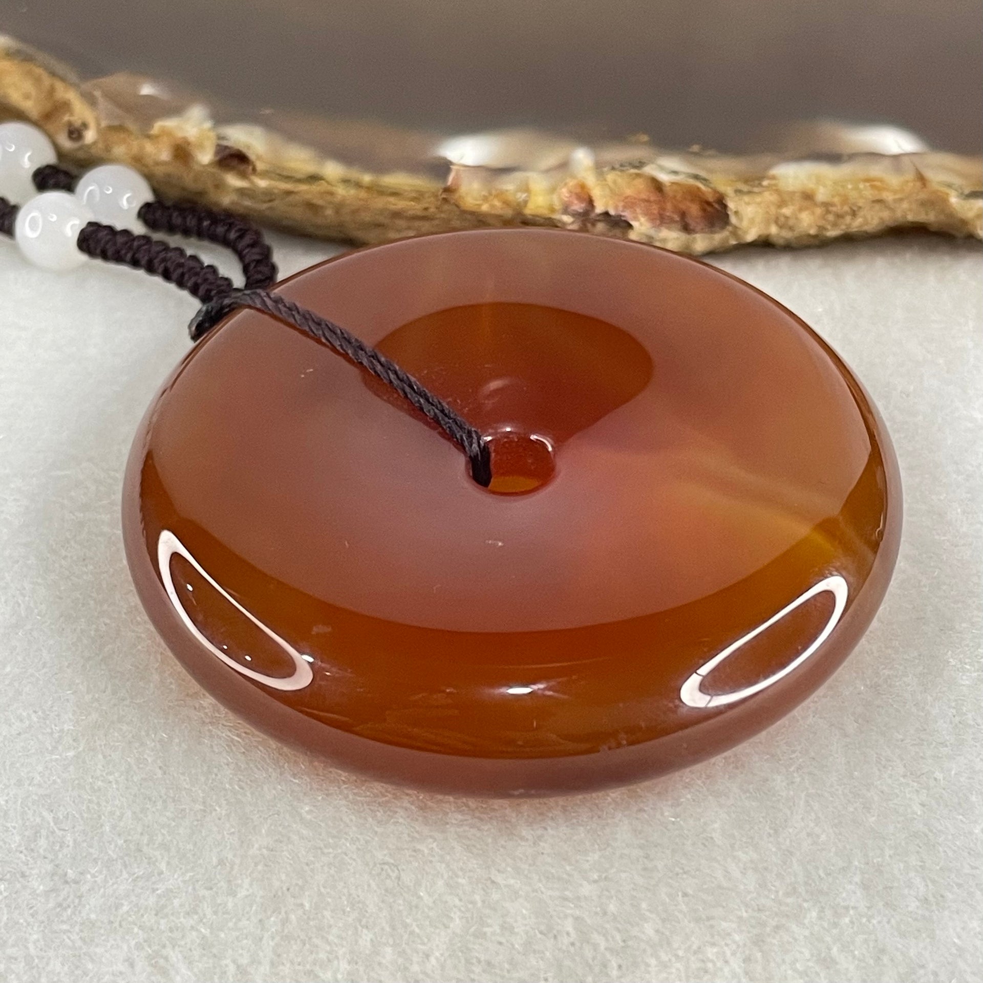 Natural Red Chalcedony Ping An Kou Donut 55.771g 52.6 by 11.2mm with White Crystal Beads Necklace 60cm - Huangs Jadeite and Jewelry Pte Ltd