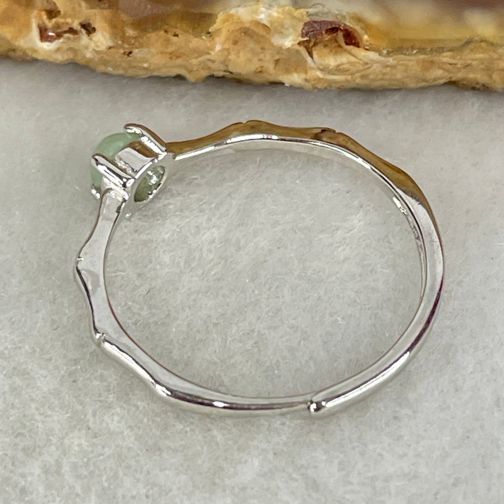 Type A Apple Green Cabochon Jadeite in S925 Sliver Bamboo Ring (Adjustable Size) 1.07g 3.8 by 2.5mm - Huangs Jadeite and Jewelry Pte Ltd