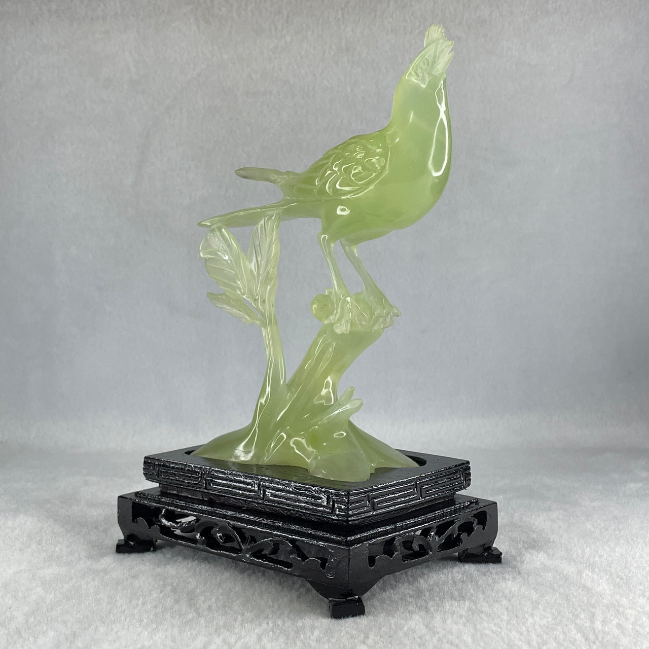 Natural Green Serpentine Javan Mynah Birds on Tree with Wooden Stand Display 338.9g 125.0 by 175.0 by 78.0mm - Huangs Jadeite and Jewelry Pte Ltd