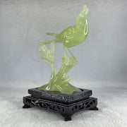 Natural Green Serpentine Javan Mynah Birds on Tree with Wooden Stand Display 338.9g 125.0 by 175.0 by 78.0mm - Huangs Jadeite and Jewelry Pte Ltd