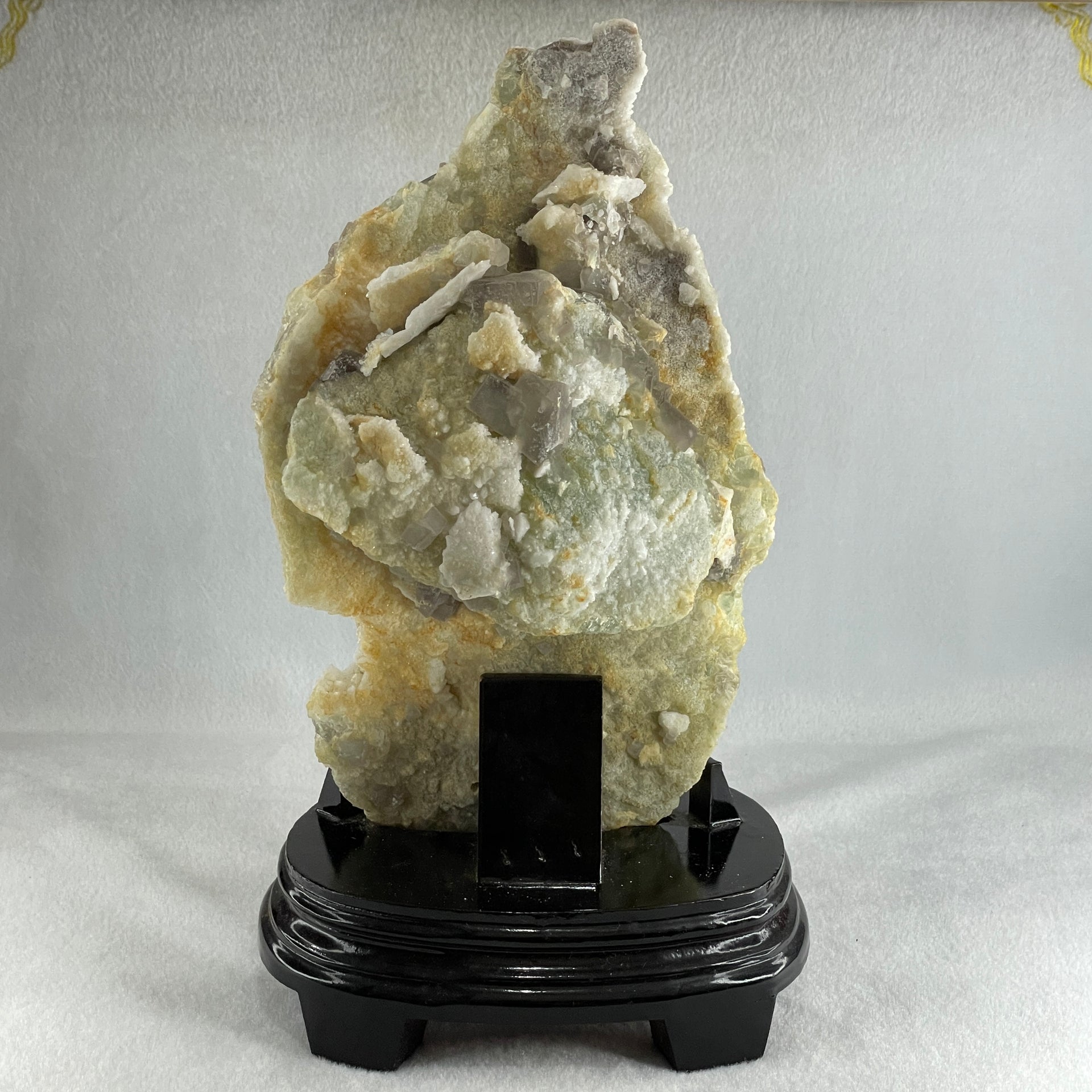 Natural Green Fluorite with White Quartz Rough with Wooden Stand Display 3,402.1g 165.0 by 136.0 by 285.0g - Huangs Jadeite and Jewelry Pte Ltd