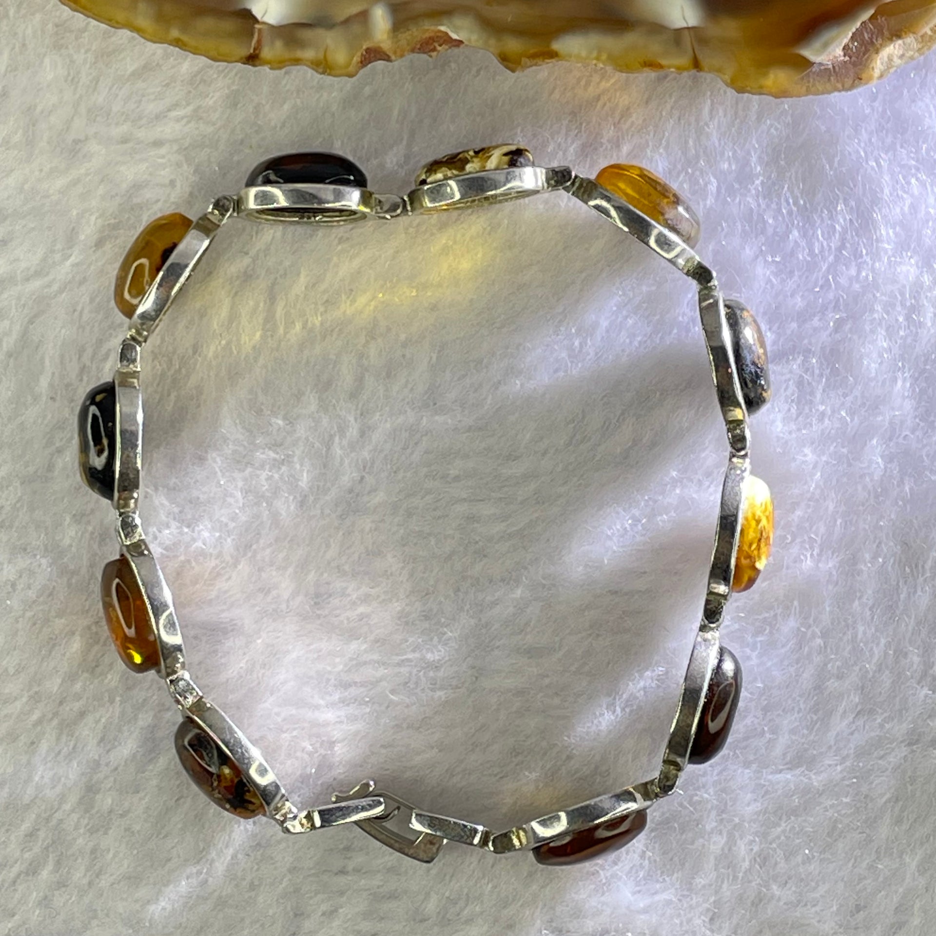 Natural Mixed Color Amber Beads in Sliver Bracelet 天然抚顺多宝手链 11.11g 16.5cm 10.0 by 7.9 by 4.0mm 11pcs - Huangs Jadeite and Jewelry Pte Ltd