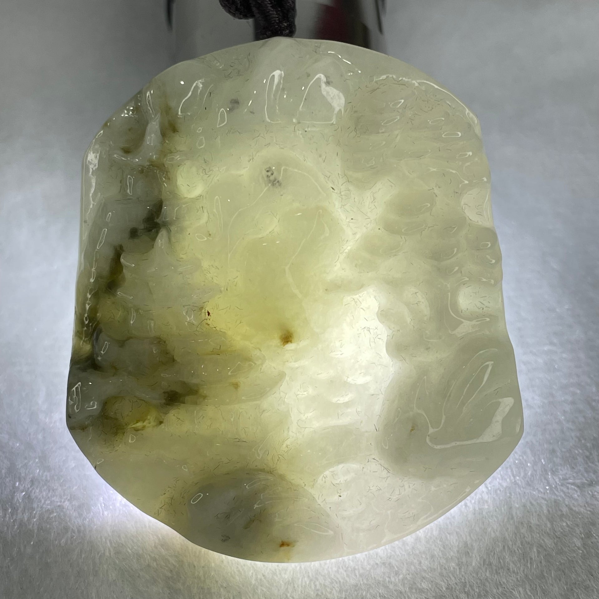 Type A Light Green Jadeite Shan Shui with Guiren Benefactor Pendant 68.16g 52.3 by 46.4 by 12.6mm - Huangs Jadeite and Jewelry Pte Ltd