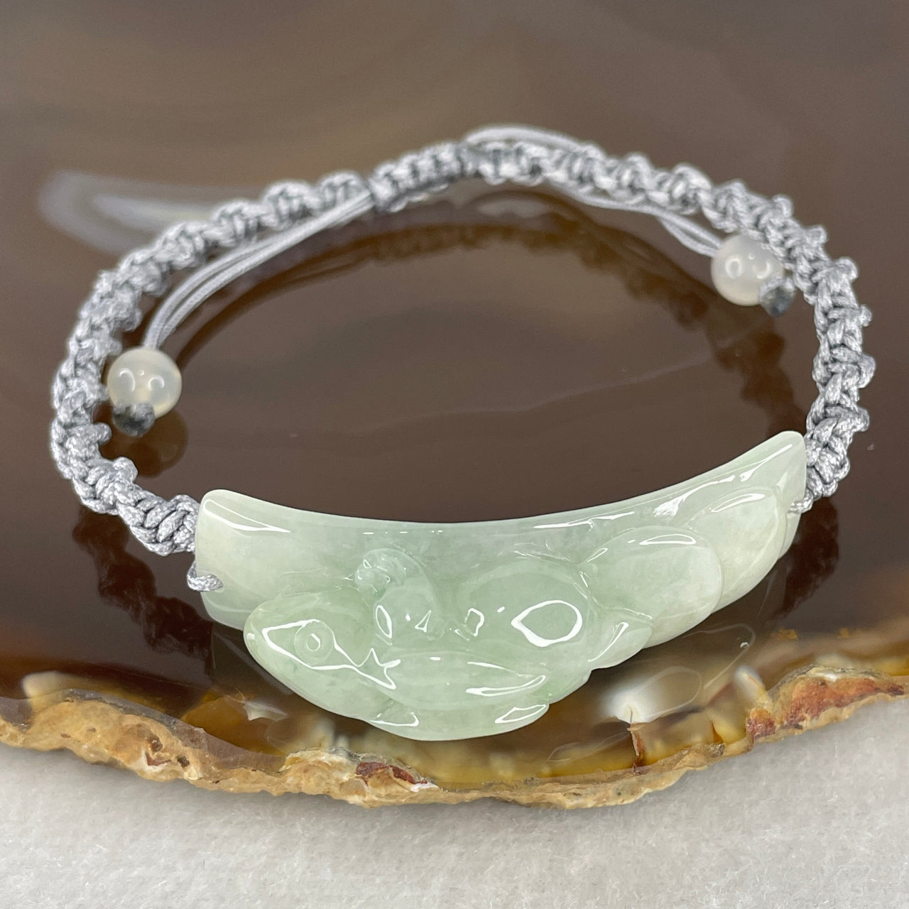 Natural Type A Light Blueish Green Jadeite Rabbit with Coins 45.0x12.3x12.5mm Bracelet | Adjustable 17-20cm Zodic Wealth Talisman Carved Bar Amulet (12.46g)