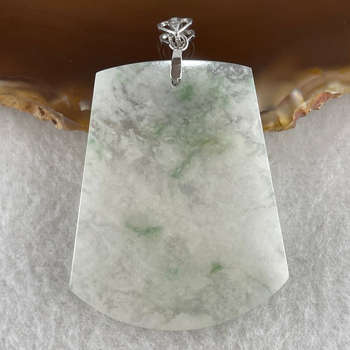 Natural Type A Semi-Icy White & Green Piao Hua Jadeite Wu Shi Pai Pendant in S925 Silver | Peace Plaque Talisman (10.79g | 43.8 x 35.7 x 2.5mm) - Huangs Jadeite and Jewelry Pte Ltd