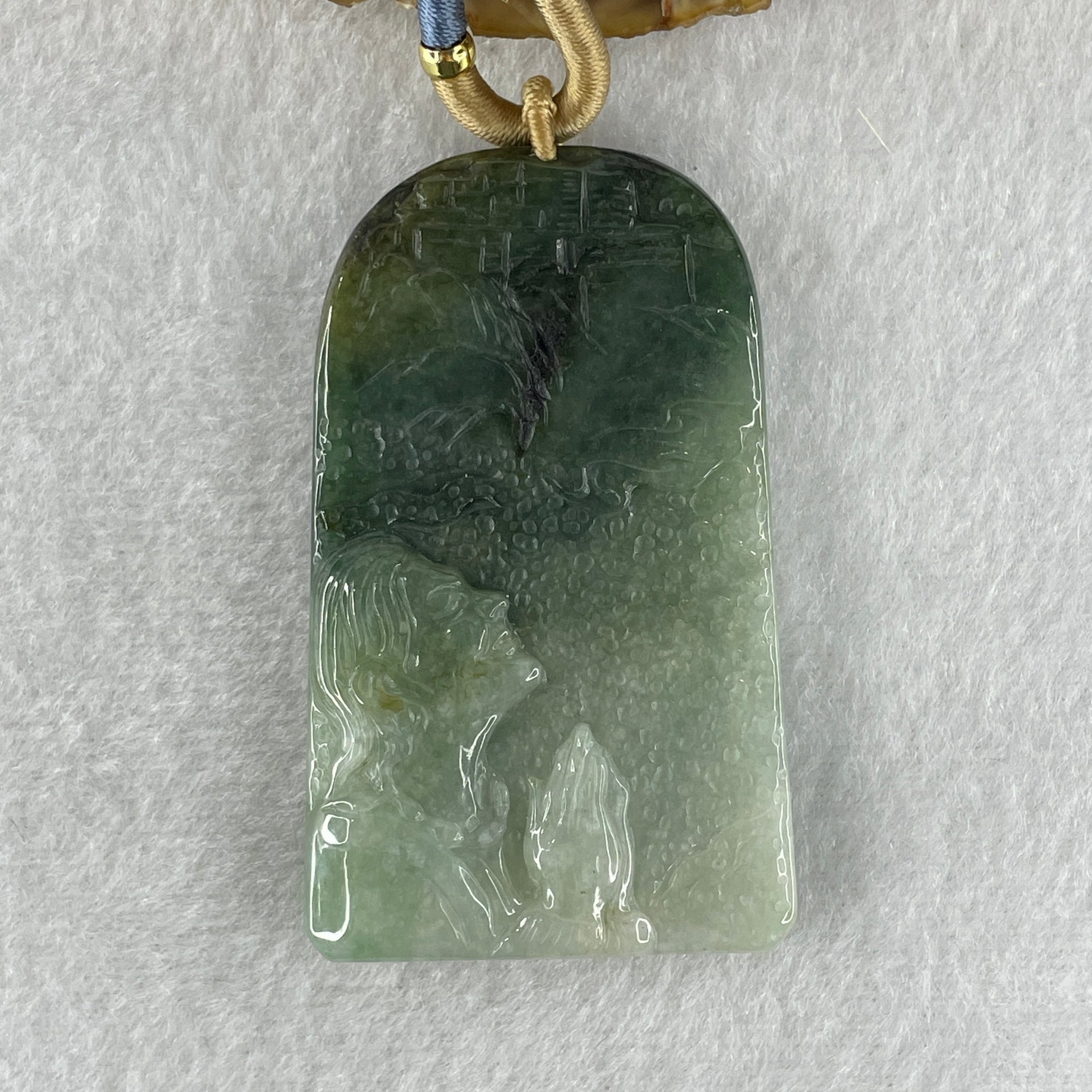 Natural Type A Light Green to Dark Green Jadeite People Seeking for Enlightenment Pendant 66.767g 64.1 by 39.0 by 11.0mm - Huangs Jadeite and Jewelry Pte Ltd