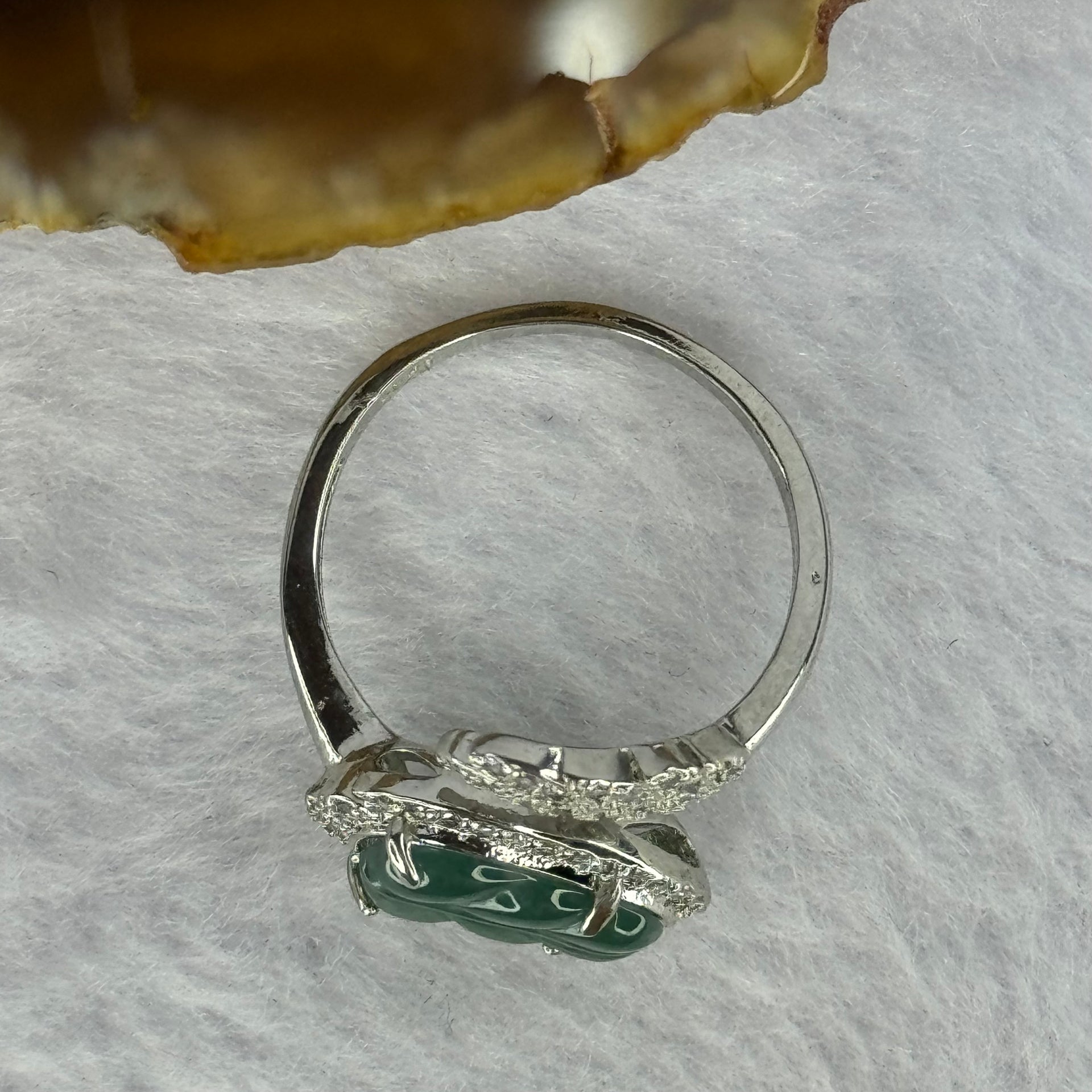 Type A Icy Blueish Jadeite Leaf with Crystals in S925 Sliver Ring (Adjustable Size) 2.60g 12.3 by 7.4 by 2.0mm - Huangs Jadeite and Jewelry Pte Ltd