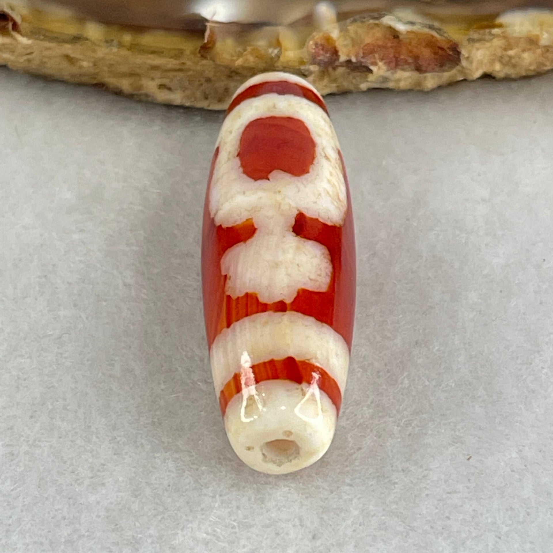 Natural Powerful Tibetan Old Oily Red White Agate 2 Nectar Vessel Dzi Bead Heavenly Master (Tian Zhu) 花蜜容器天珠 8.00g 37.9 by 11.9mm - Huangs Jadeite and Jewelry Pte Ltd