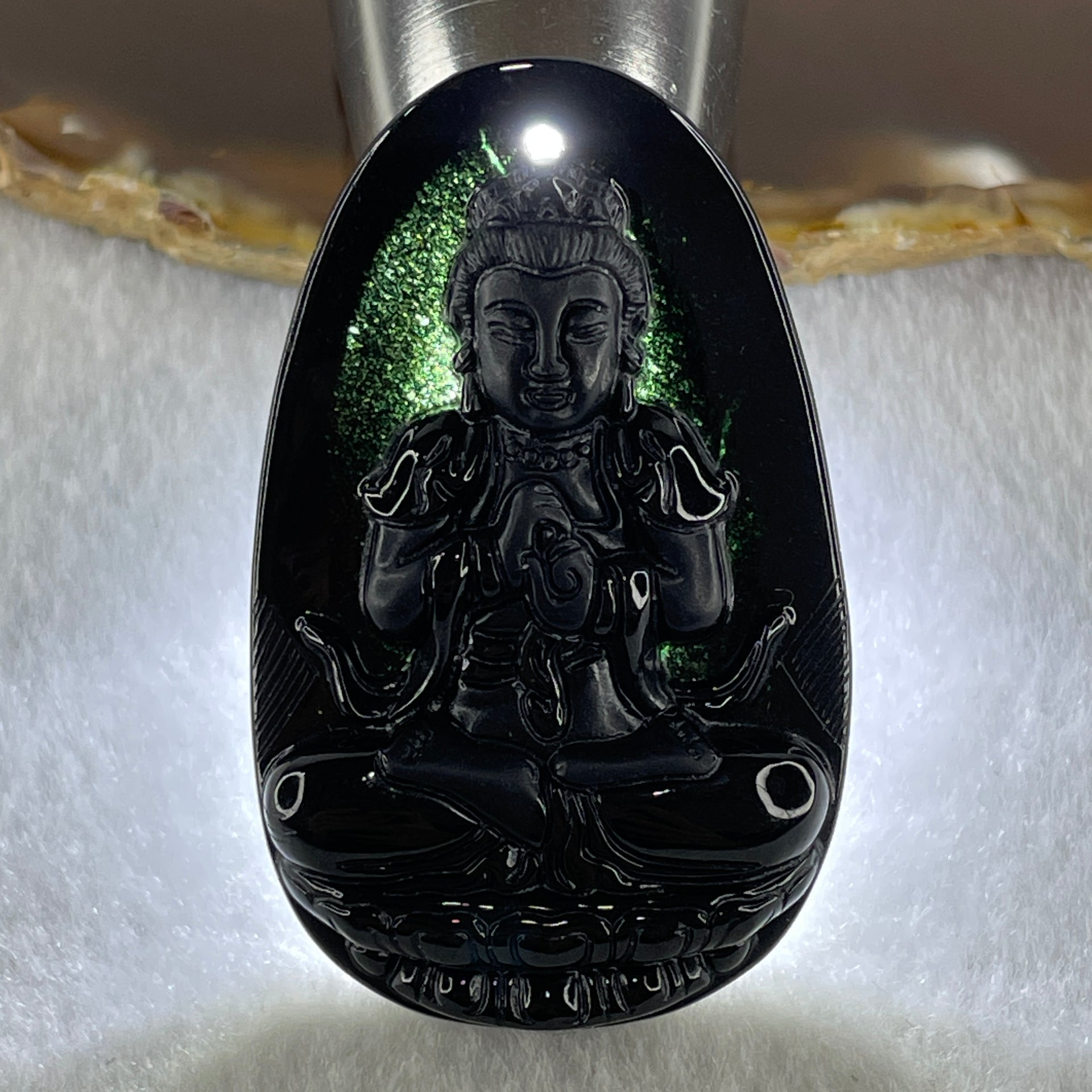 Type A Opaque to Partial Translucent Black Omphacite Jadeite Da ri ru lai 大日如來 Vairocana Buddha Pendant Goat and Monkey Zodiac Guardian 17.20g 53.0 by 32.9 by 9.6mm - Huangs Jadeite and Jewelry Pte Ltd
