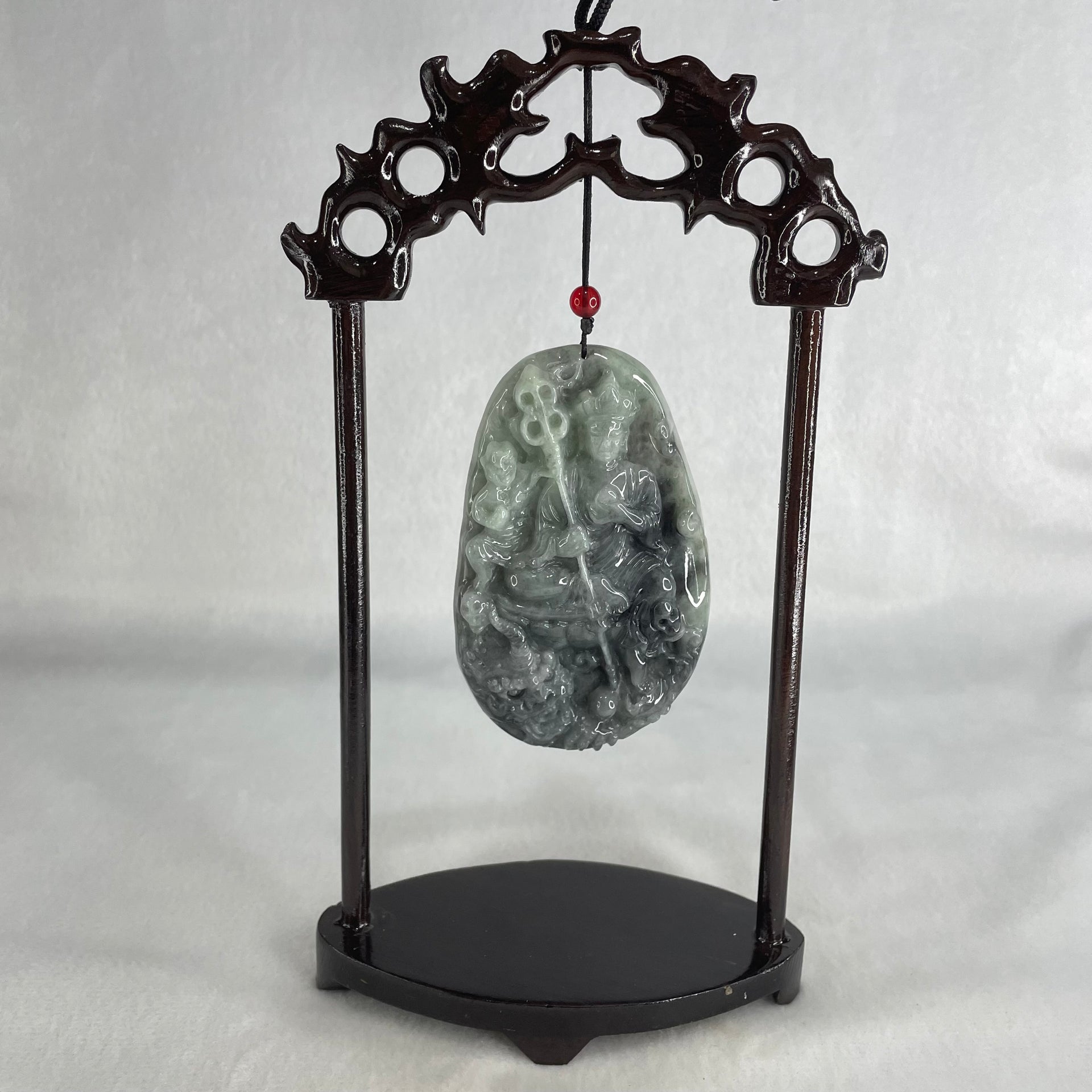 Type A Green With Wuji Grey Piao Hua Jadeite Ksitigarbha Bodhisattva, 地藏王菩萨, the Bodhisattva of Great Aspiration Display 178.8g 111.7 by 51.8 by 200.0mm - Huangs Jadeite and Jewelry Pte Ltd