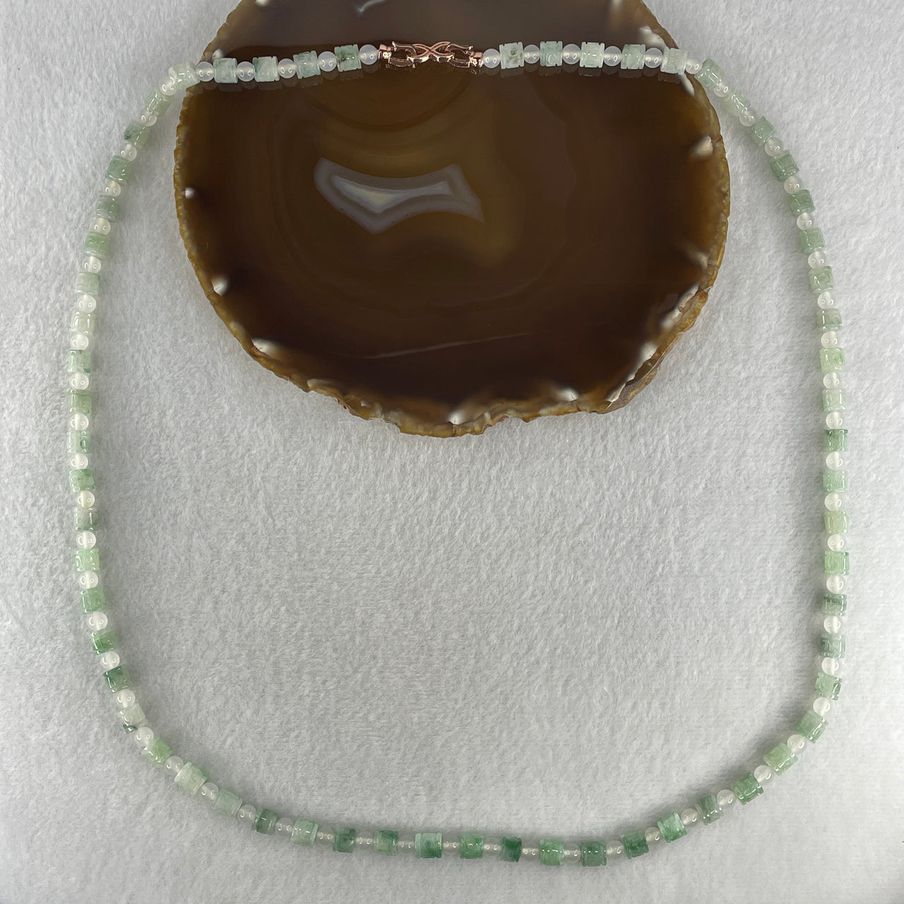 Certified Natural Type A Light Green Jadeite Lulutong Beads with Natural White Agate Beads Necklace 55.36g 74cm 6.6mm 62 Lulutong