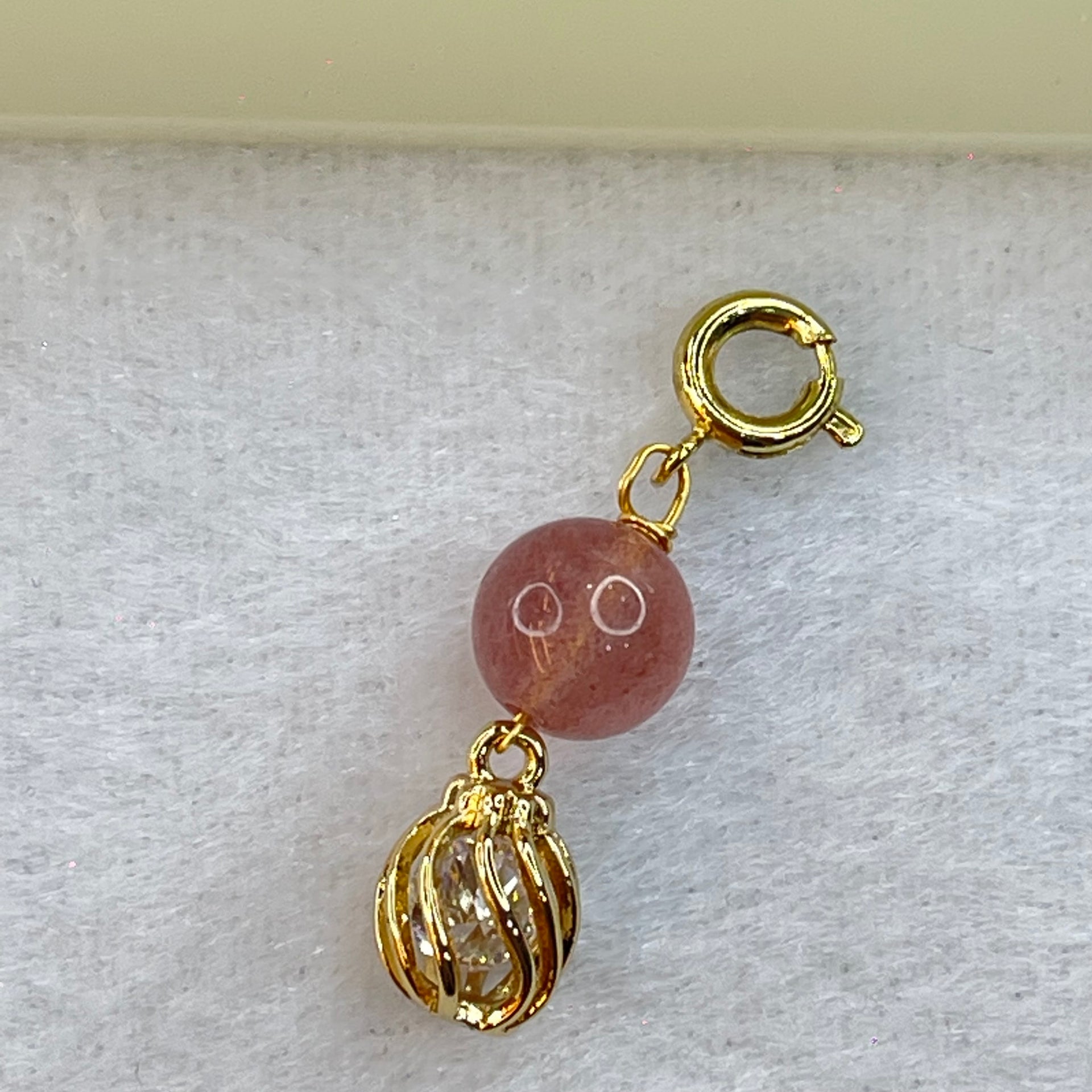 Natural Strawberry Quartz and Crystal in Gold Colour Claps Pendent Charm 1.53g 7.9mm - Huangs Jadeite and Jewelry Pte Ltd