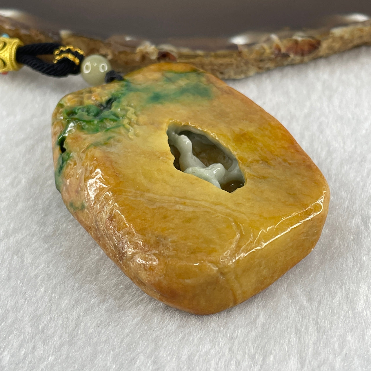 Natural Type A Yellow with Bright Green Jadeite Shan Shui Scenic with Gui Ren Benefactor Pendant 91.51g 68.0 by 48.2 by 15.6mm