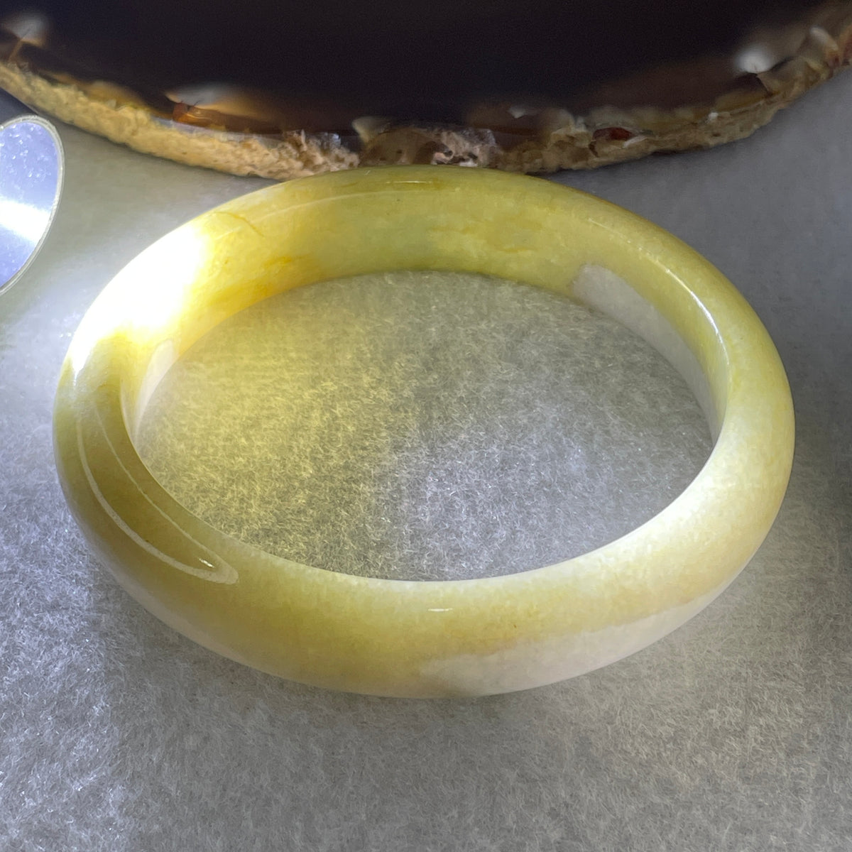 Natural Type A Yellowish & Lavender Jadeite Oval Bangle | (44.23g | 54.9mm Inner Diameter | 12.9mm x 7.4mm | Very Very Slight External Line | Synergy, "Zi Qi Dong Lai" Noble Benefactor Magnet & Feng Shui Abundance Anchor) - Huangs Jadeite and Jewelry Pte Ltd