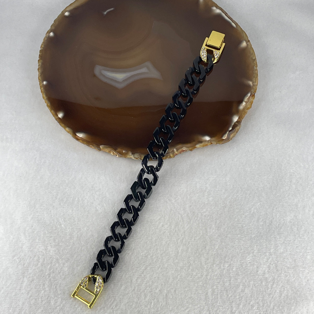 Certified Natural Type A Black Omphacite Jadeite Cuban Tennis Bracelet with Gold Color and Cubic Zirconia Clasp 29.30g Up to 19cm 14.0 by 5.0mm 17 Pcs