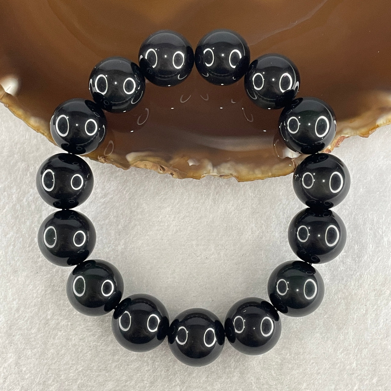 Certified Natural Black Obsidian with Green Purple Grey Cat Eyes Beads Bracelet 55.060g 17cm 14.5mm 15Beads