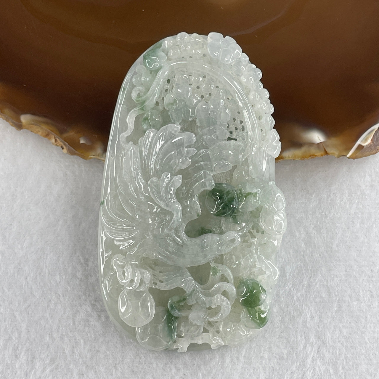 Natural Type A Jelly Faint Green with Green Piao Hua Jadeite Phoenix with Coins & Flower Double-Sided Pendant | Untreated Fei Cui Gemstone Plaque (71.50g | 76.7mm x 45.2mm x 11.4mm)