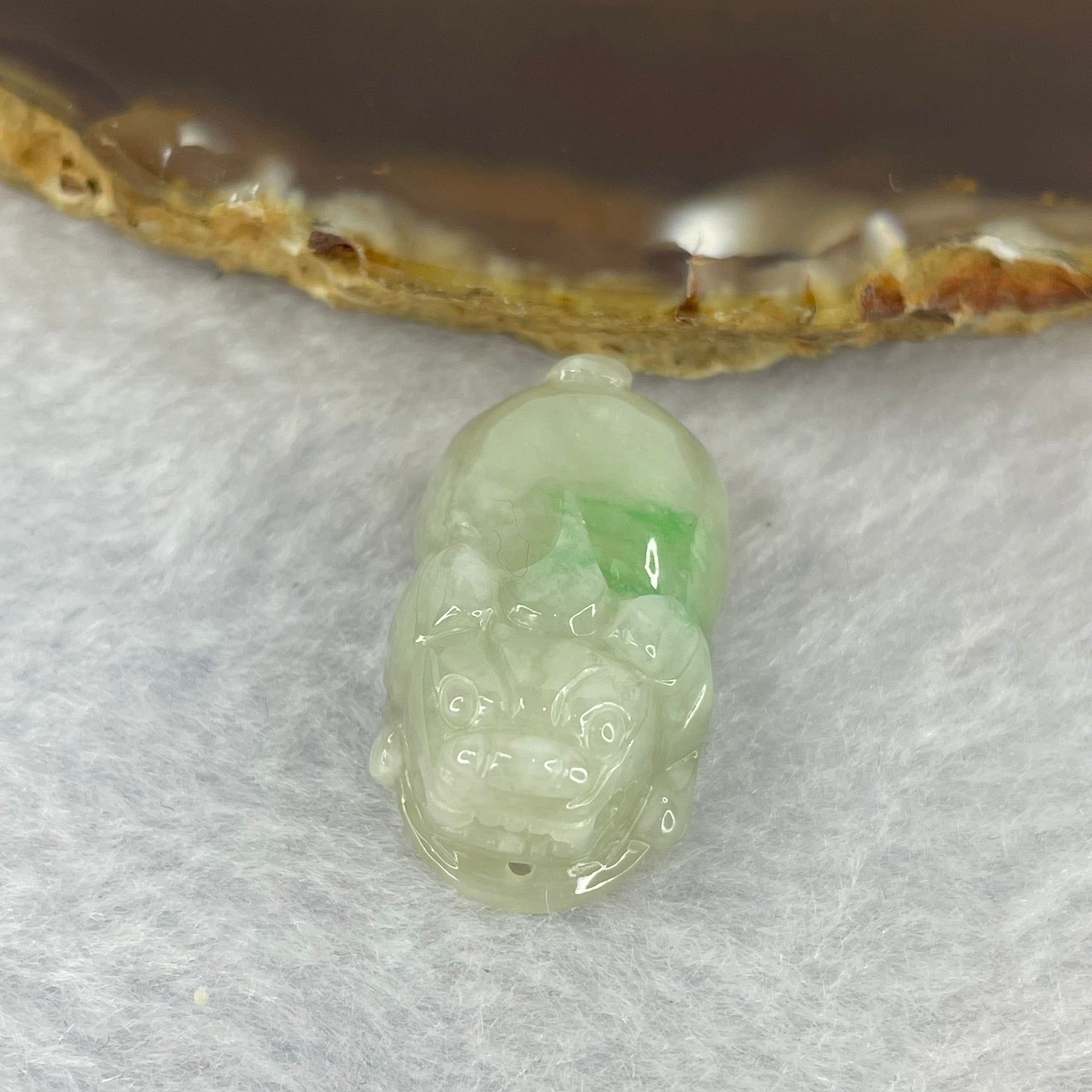 Type A Light Green With Apple Green Patches Jadeite Pixiu Pendent A货浅绿加苹果绿飘花翡翠貔貅牌 10.03g 25.2 by 15.5 by 11.8 mm - Huangs Jadeite and Jewelry Pte Ltd