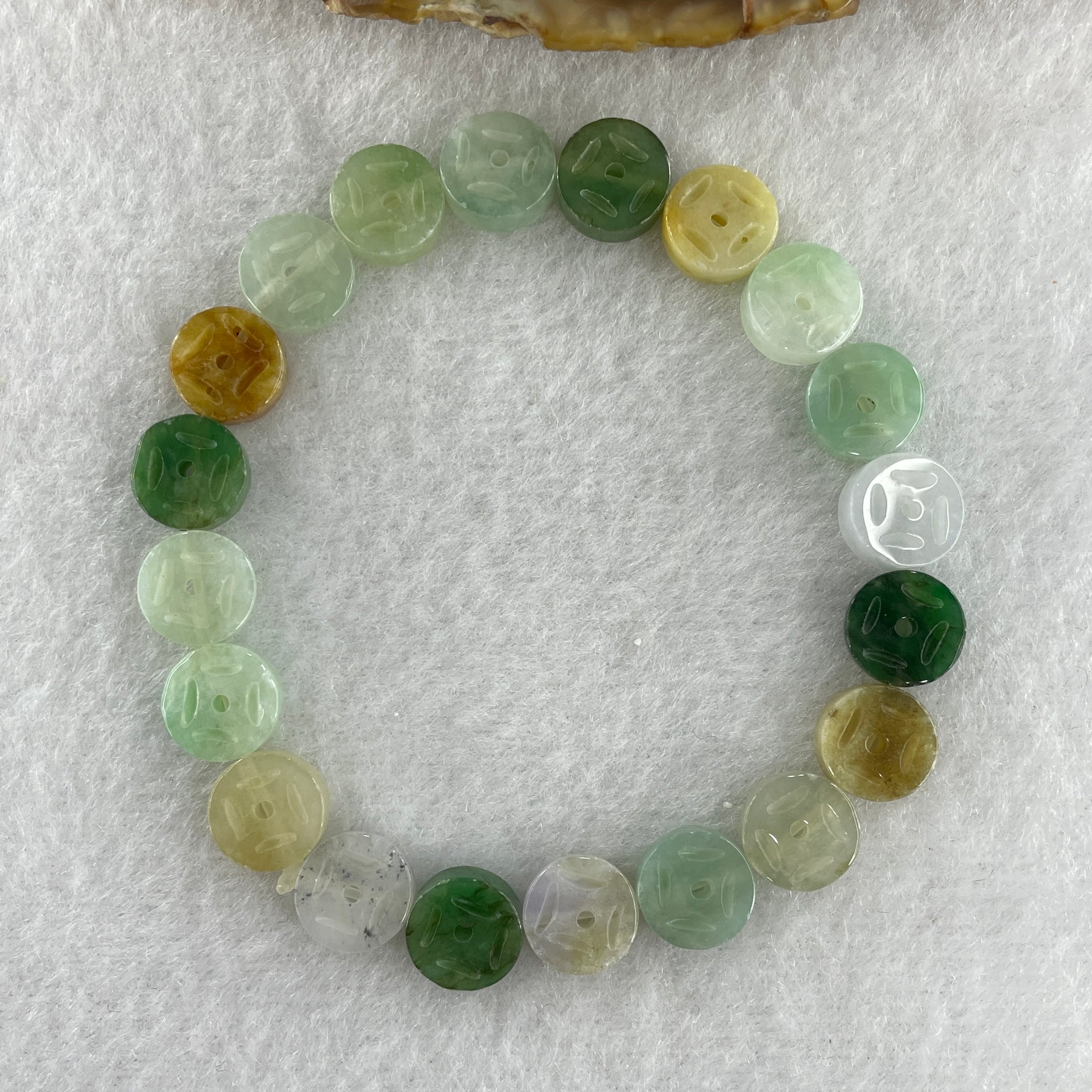 Natural Type A Green with Yellow Jadeite Ancient Coin Shape Beads Bracelet 11.90g 15cm 9.0mm 20 Beads - Huangs Jadeite and Jewelry Pte Ltd