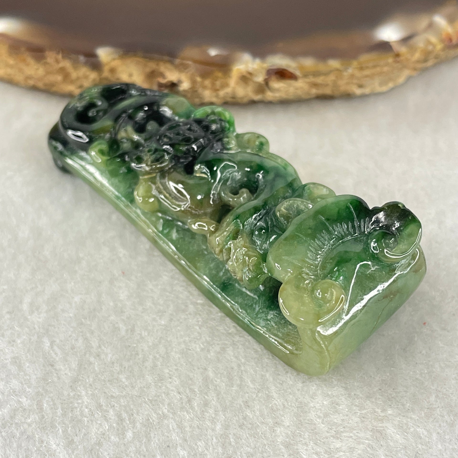 Antique Natural Type A Old Mine Spicy Green with Dark Green Patches Jadeite Dragon Coins with Ruyi Pendant 26.94g 57.8 by 21.2 by 14.7mm - Huangs Jadeite and Jewelry Pte Ltd