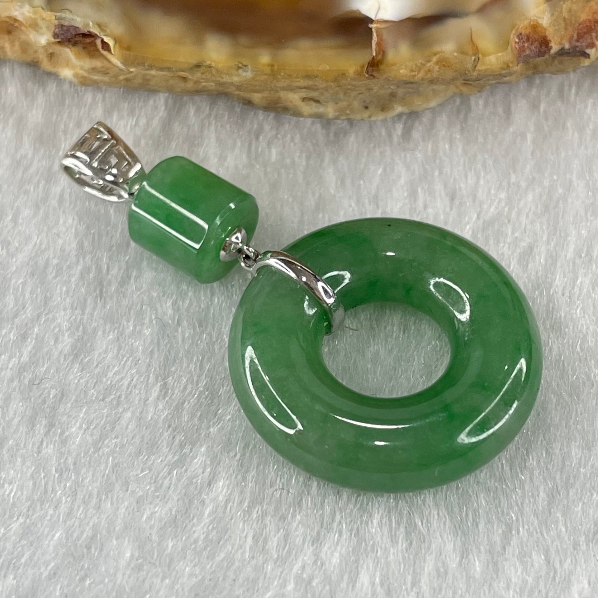 Type A Blueish Green Jadeite Ping An Kou Donut 18.5 by 4.9mm Lulu Tong 5.9 by 6.2mm in 18k White Gold Pendant 3.83g - Huangs Jadeite and Jewelry Pte Ltd
