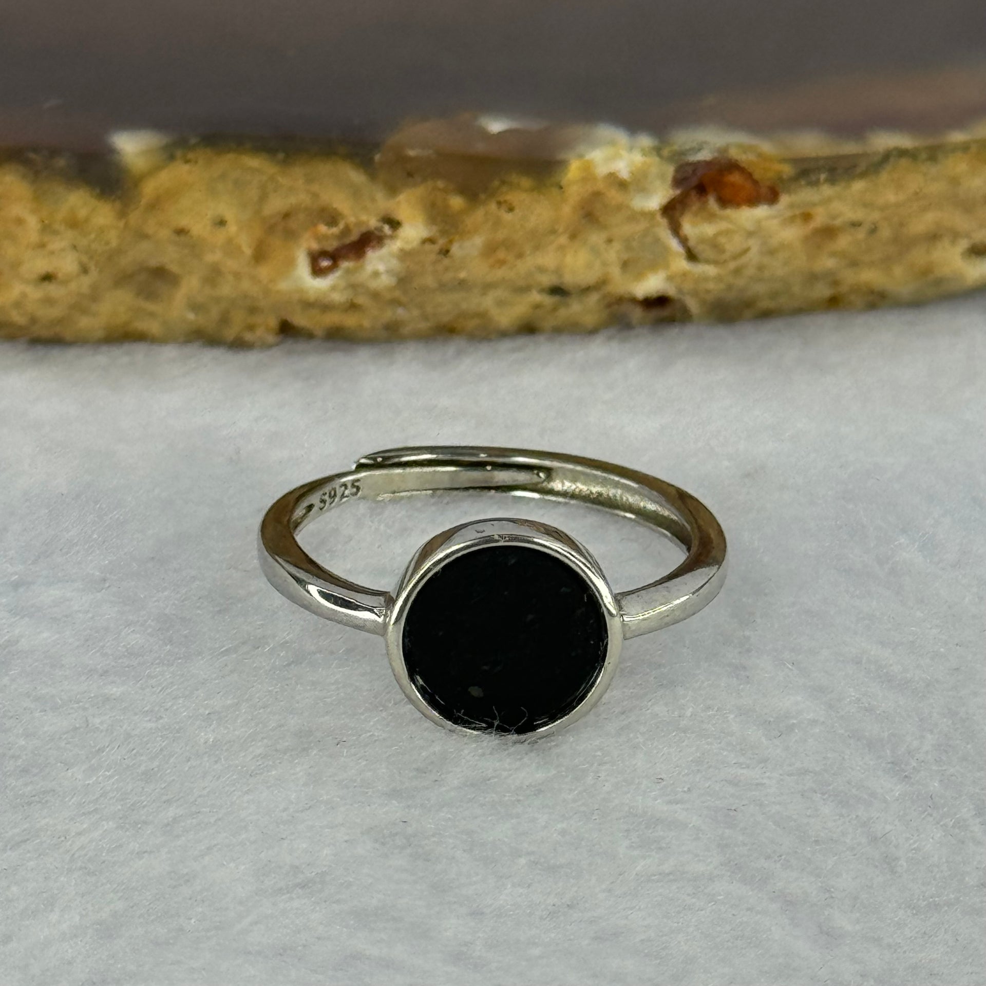 Type A Translucent Black Omphasite Jadeite Round Shape in S925 Sliver Ring (Adjustable Size) 1.51g 8.0 by 2.0mm - Huangs Jadeite and Jewelry Pte Ltd