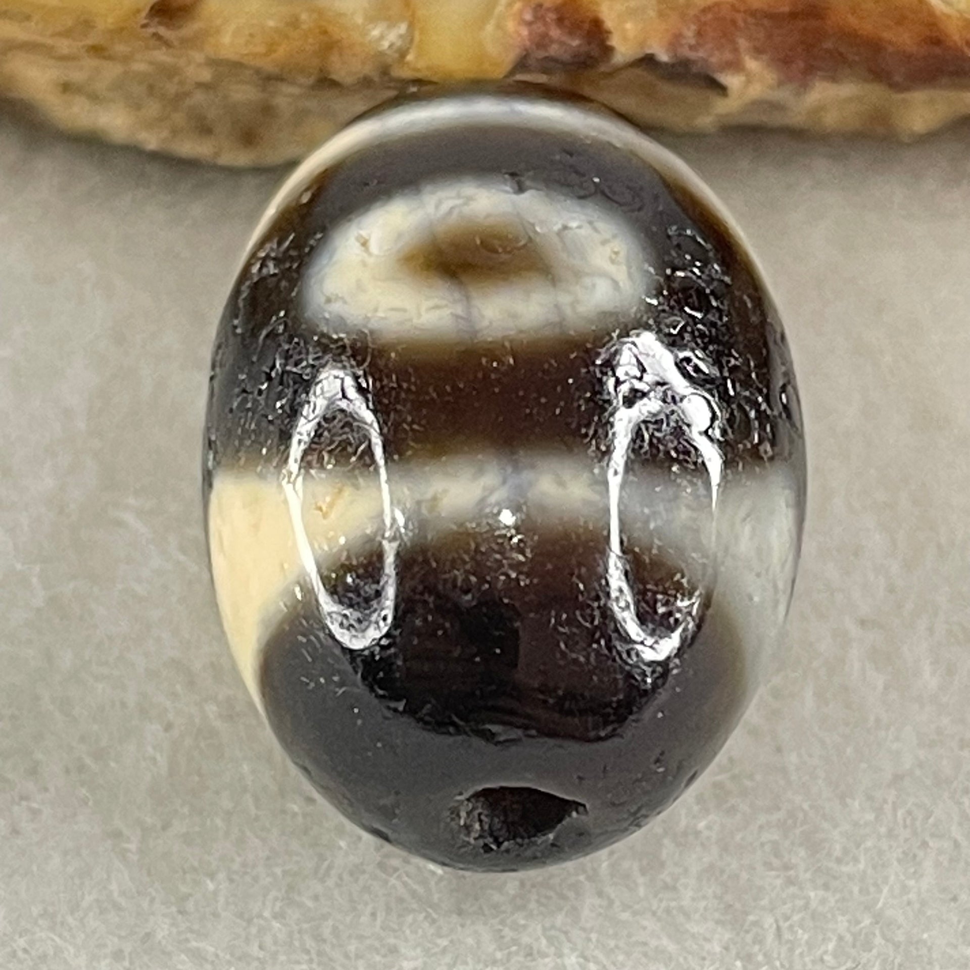 Natural Powerful Tibetan Old Oily Agate 3 Eyes Dzi Bead Heavenly Master (Tian Zhu) 三眼天诛 6.20g 20.3 by 14.7mm - Huangs Jadeite and Jewelry Pte Ltd