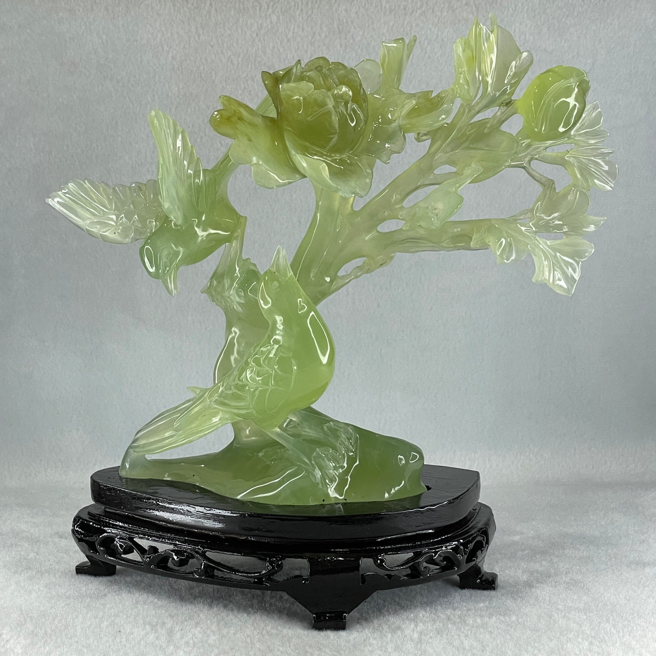 Natural Semi Icy Green Serpentine Double Magpie Birds on Flower Tree with Wooden Stand Display 641.5g 210.0 by 220.0 by 112.0mm - Huangs Jadeite and Jewelry Pte Ltd
