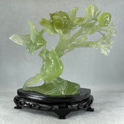Natural Semi Icy Green Serpentine Double Magpie Birds on Flower Tree with Wooden Stand Display 641.5g 210.0 by 220.0 by 112.0mm - Huangs Jadeite and Jewelry Pte Ltd