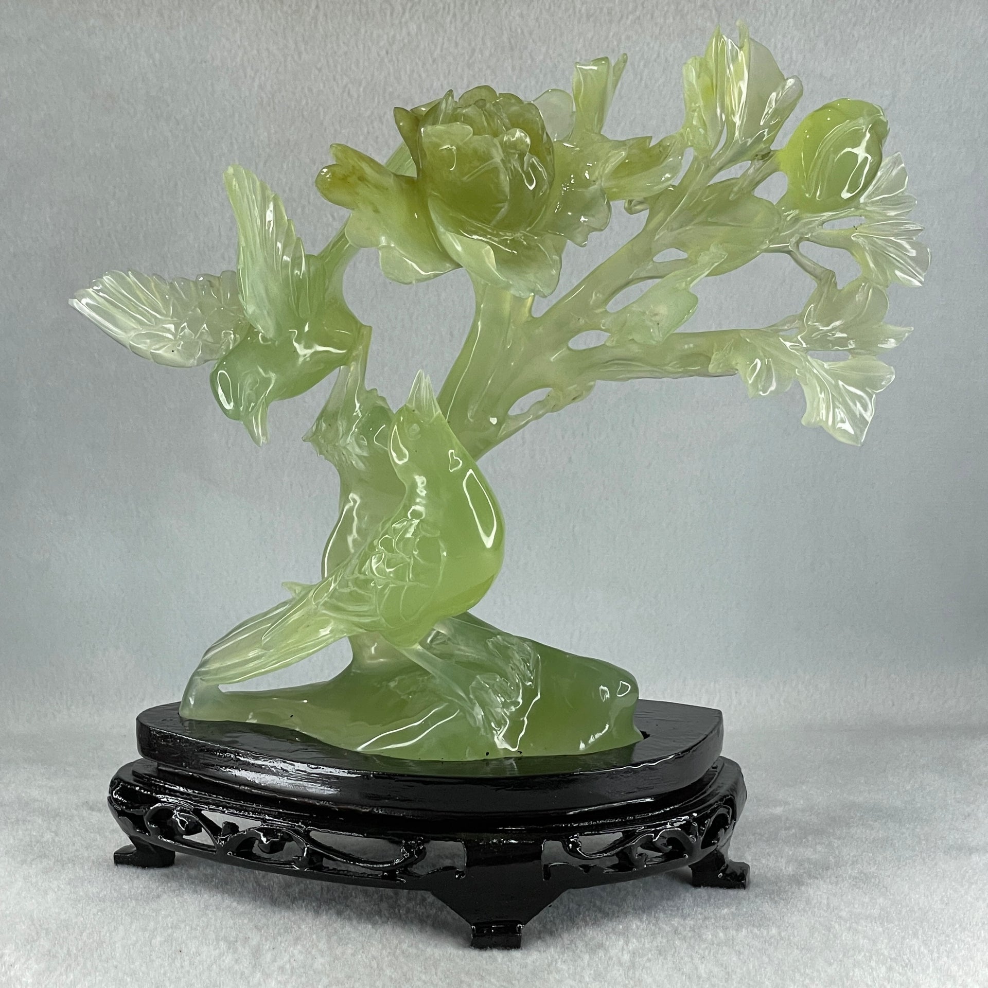 Natural Semi Icy Green Serpentine Double Magpie Birds on Flower Tree with Wooden Stand Display 641.5g 210.0 by 220.0 by 112.0mm - Huangs Jadeite and Jewelry Pte Ltd