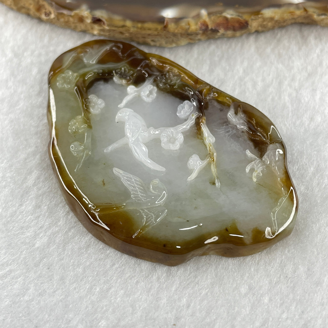 Certified Natural Type A Brown with Faint Green Faint Lavender Jadeite Bird with Flowers Pendant 41.78g 72.2 by 46.3 by 7.9mm