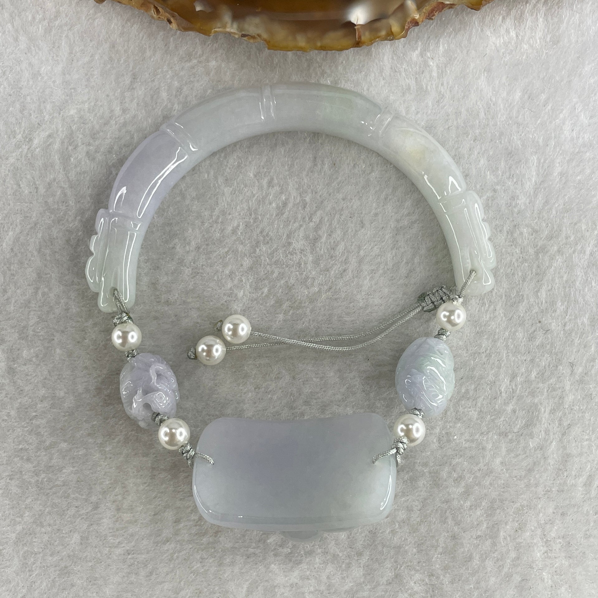 Natural Type A Lavender with Faint Green Jadeite Bamboo with Lotus Flower and Dragon Bracelet 34.11g 17cm 7.9 by 8.6mm - Bamboo 33.2 by 19.1 by 11.8mm - Huangs Jadeite and Jewelry Pte Ltd