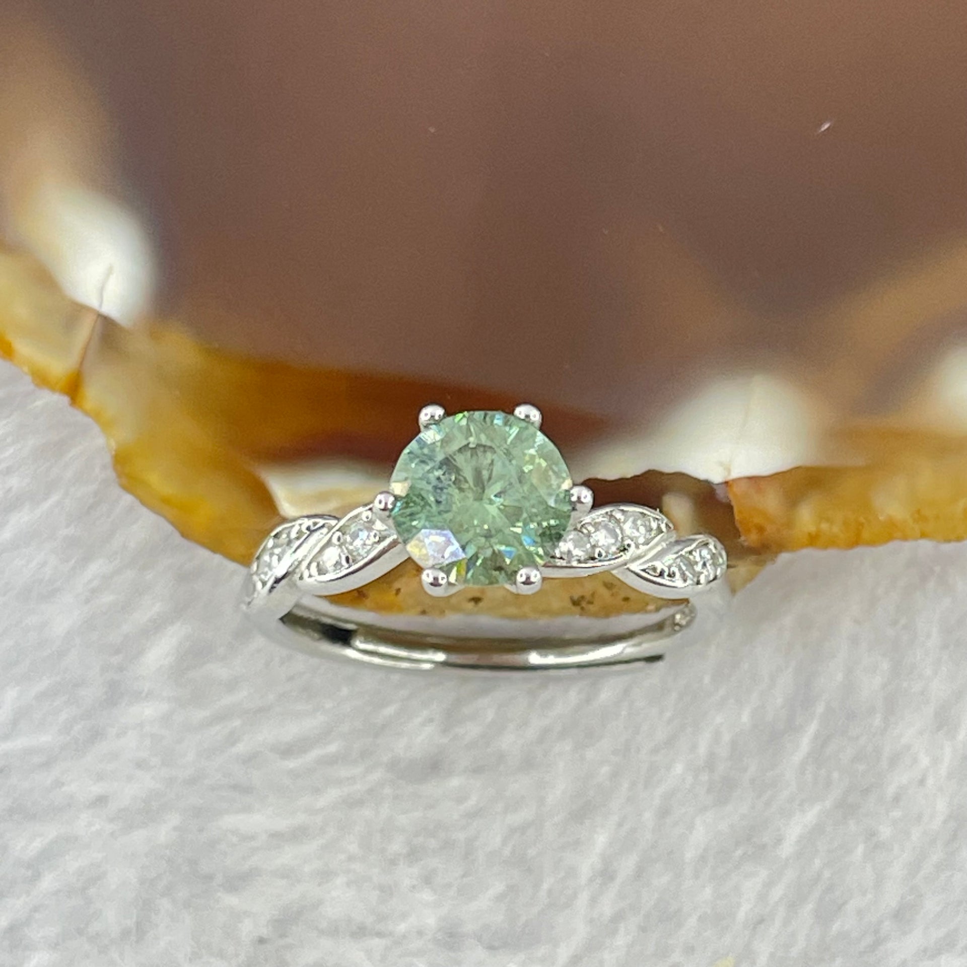 Blueish Green Cubic Zirconia 6.2 by 2.6mm with Crystals In S925 Sliver Ring (Adjustable Size) 1.51g - Huangs Jadeite and Jewelry Pte Ltd