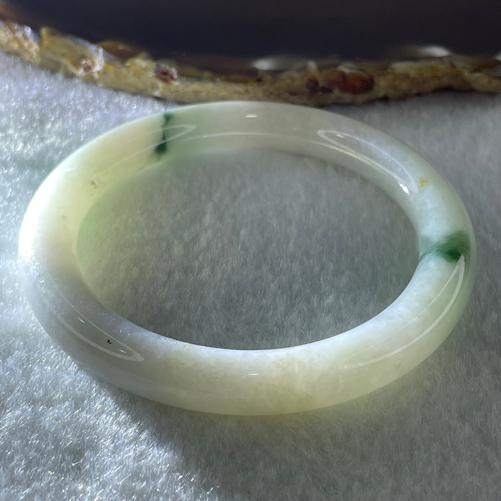 Natural Type A Faint Green with Blueish Green Piao Hua Flora Jadeite Bangle 37.89g Inner Diameter 53.5mm 8.4 by 9.5mm (Very Very Slight Internal Lines) - Huangs Jadeite and Jewelry Pte Ltd