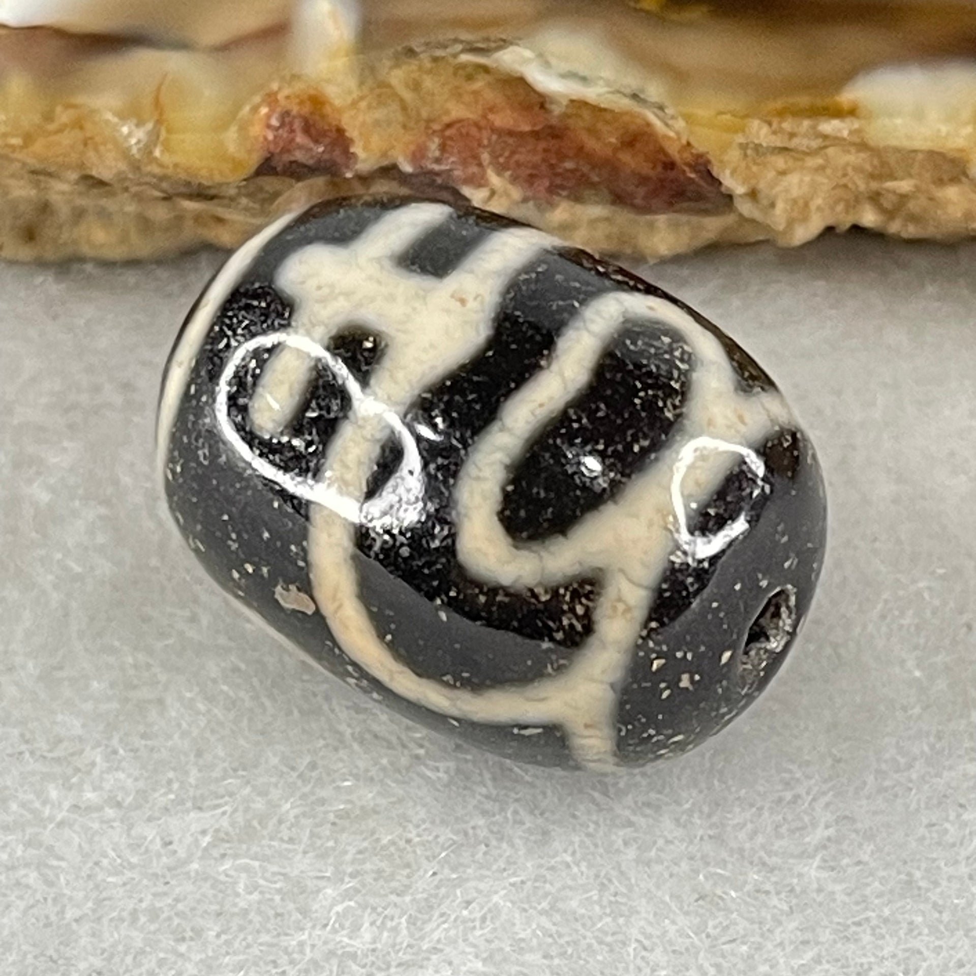 Natural Powerful Tibetan Old Oily Agate Double Nectar Vessel Dzi Bead Heavenly Master (Tian Zhu) 花蜜容器眼天珠 4.75g 17.8 by 13.3mm - Huangs Jadeite and Jewelry Pte Ltd