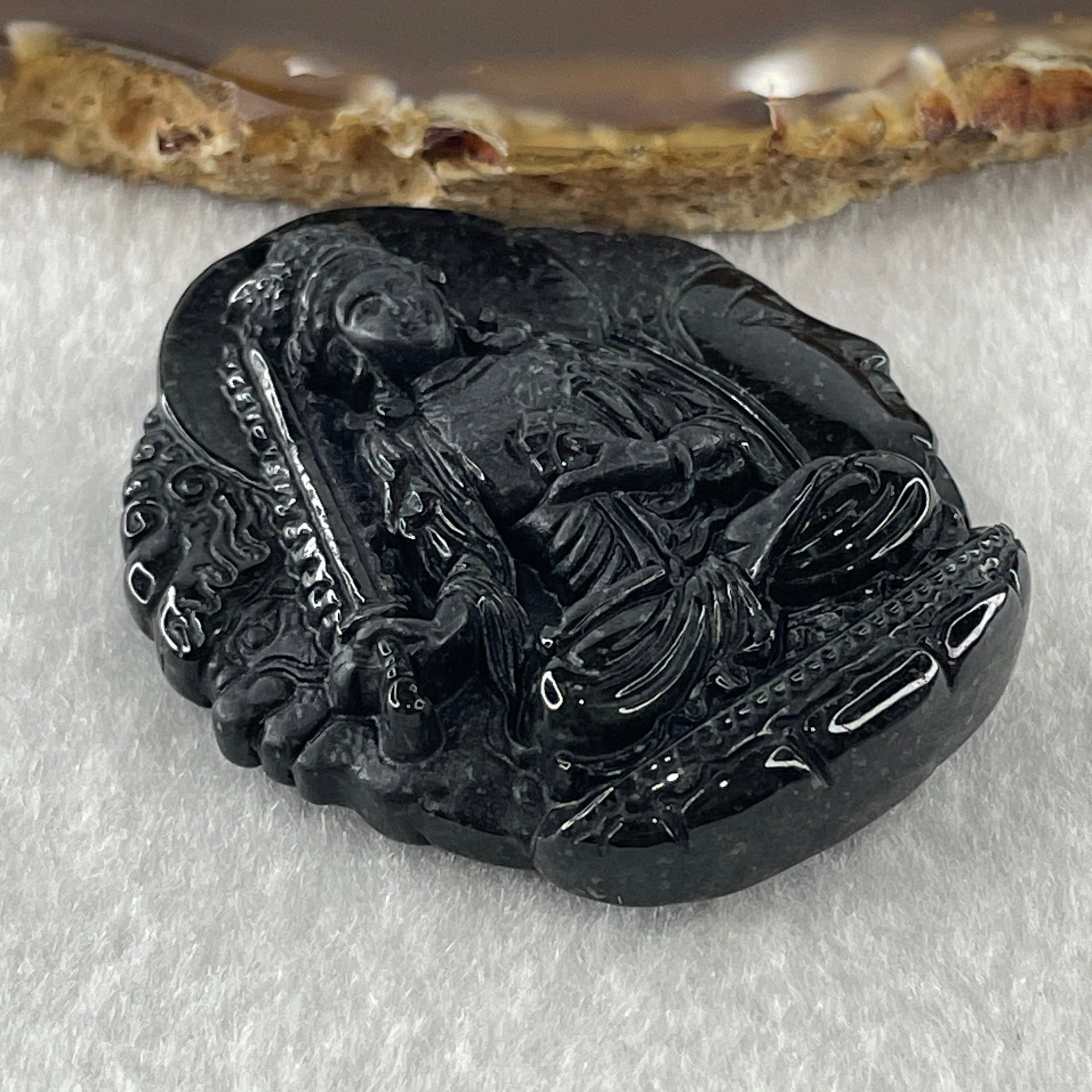 Type A Opaque Black Omphacite Jadeite Good Vs Evil Akasagarbha Bodhissattva Pendant Ox and Tiger Zodiac Guardian 39.80g 50.8 by 43.7 by 11.4mm - Huangs Jadeite and Jewelry Pte Ltd