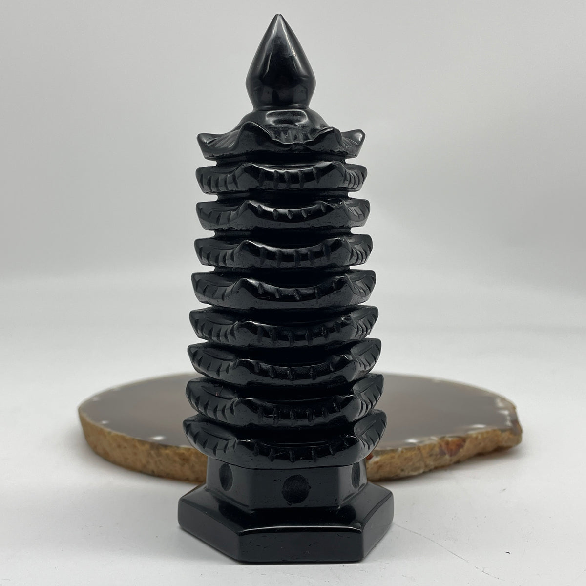 Natural Black Obsidian Pagoda Display | (336.26g | 58.7 x 51.8 x 128.5mm | Catalyst, "Wen Chang" Academic Excellence & Career Promotion Anchor, Traditional Spatial Shielding Specimen)
