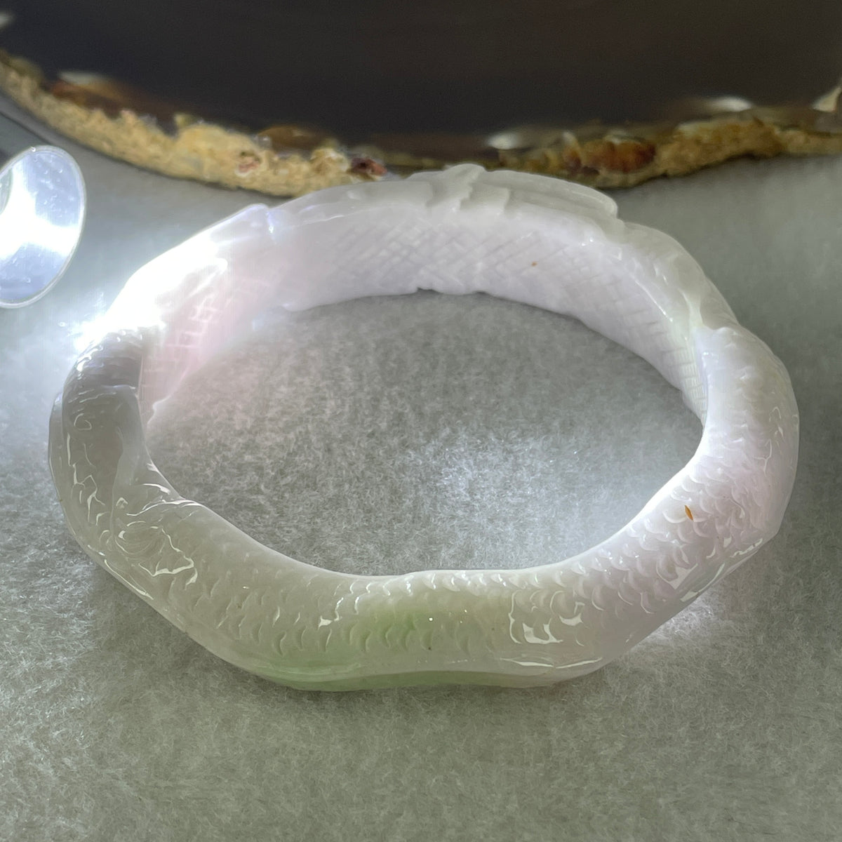 Natural Type A Light Lavender with Green Spot Jadeite Dragon Bangle | (60.34g | 60.4mm | 13.8 x 10.5mm | Sovereign Authority & Supreme Protection Anchor, Feng Shui Prosperity & Executive Bangle) - Huangs Jadeite and Jewelry Pte Ltd