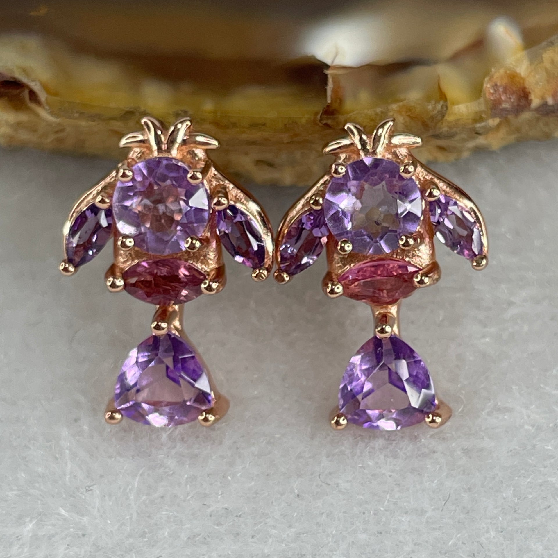Natural Amethyst Fish Shape Earring in S925 Sliver Yellow Gold Color 2.94g 5.0 by 3.0mm 2 Pcs - Huangs Jadeite and Jewelry Pte Ltd