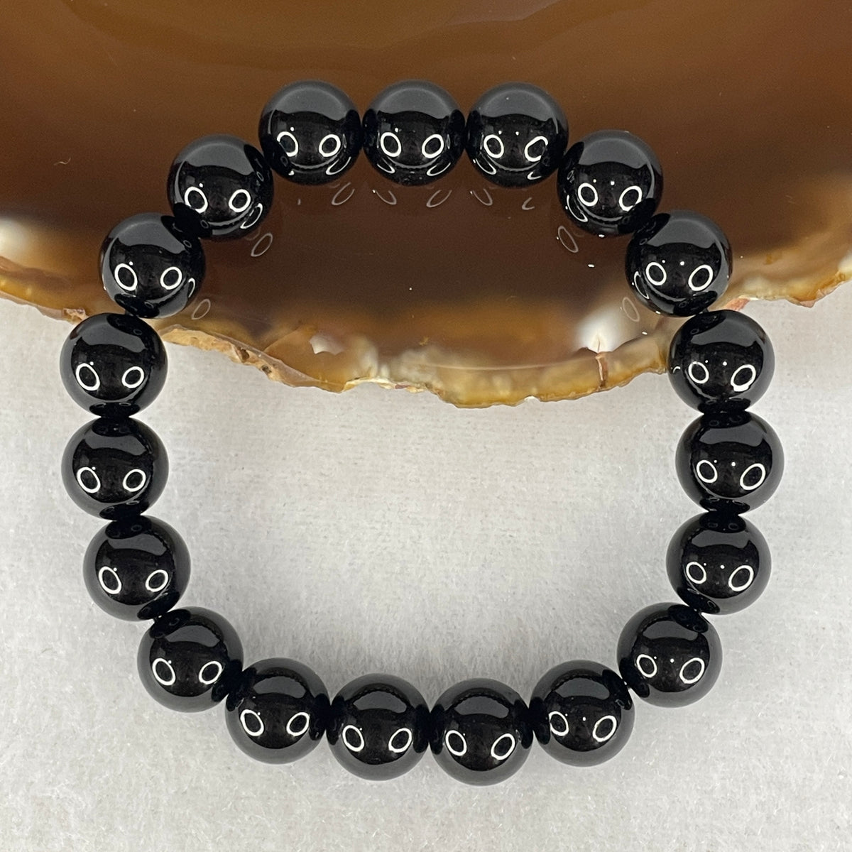 Certified Good Grade Natural Black Obsidian Beads Bracelet | 9.8mm Mirror-Polished (21.80g | 19 Beads | 14.5cm )