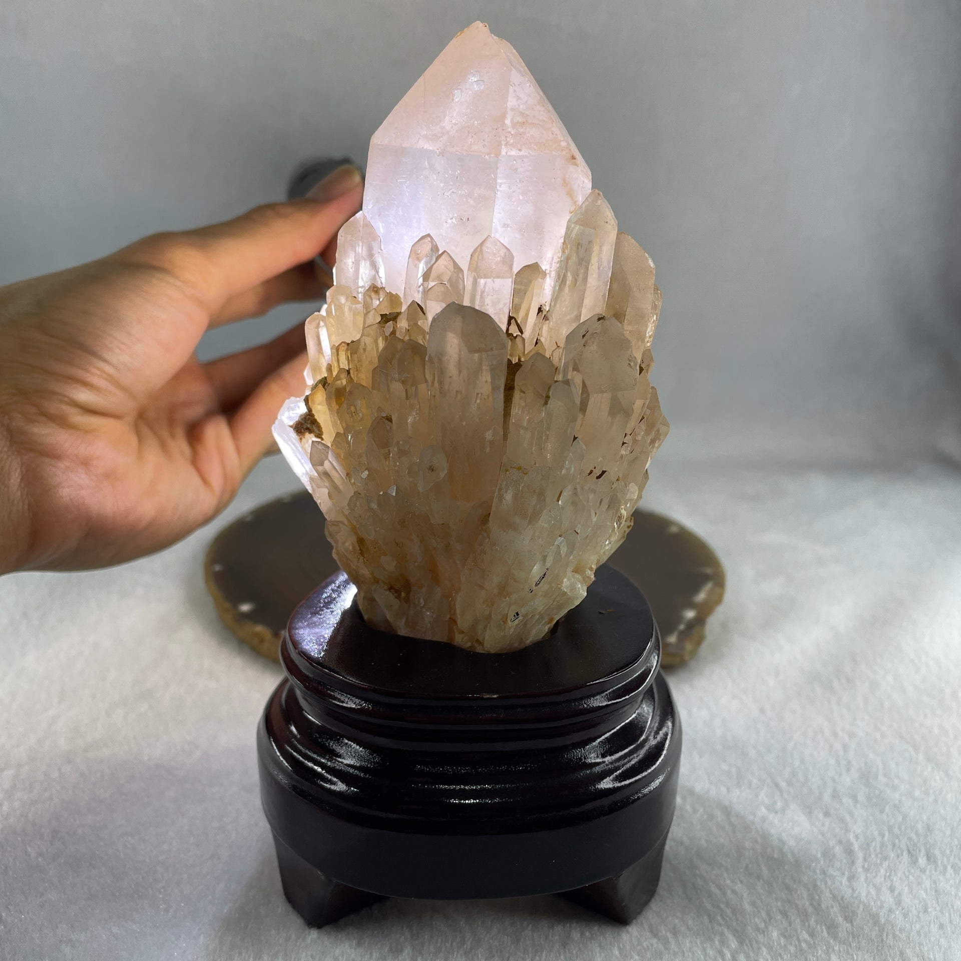 Natural Clear White Quartz Tower Cluster with Wooden Stand 640.8g 87.6 by 82.3 by 160.0mm - Huangs Jadeite and Jewelry Pte Ltd