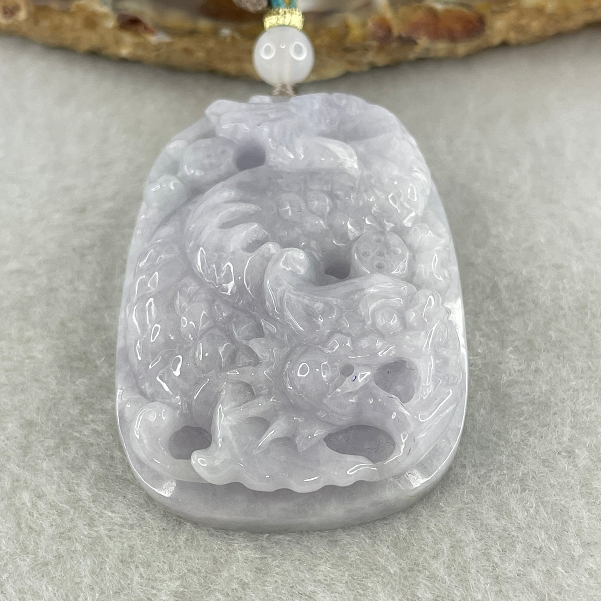 Natural Type A Lavender Jadeite Dragon Carp with Lotus Pendant | Transformation, Academic & Career Success Talisman (37.83g | 47.3 x 32.2 x 12.1mm) - Huangs Jadeite and Jewelry Pte Ltd