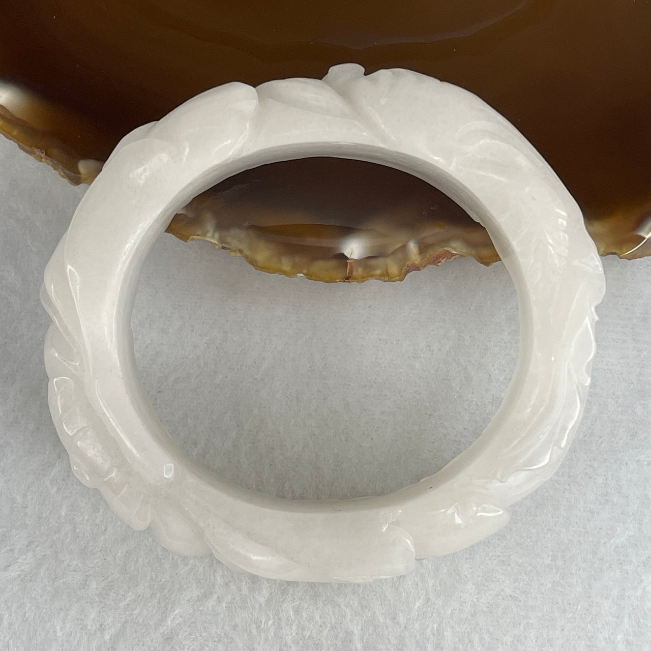 Natural White Calcite Carved Phoenix & Lotus Flower Bangle | Mythical Fenghuang Sacred Blossom Armlet (81.54g 19.6 by 13.0mm | 57.0mm Inner Diameter | Close to Perfect)