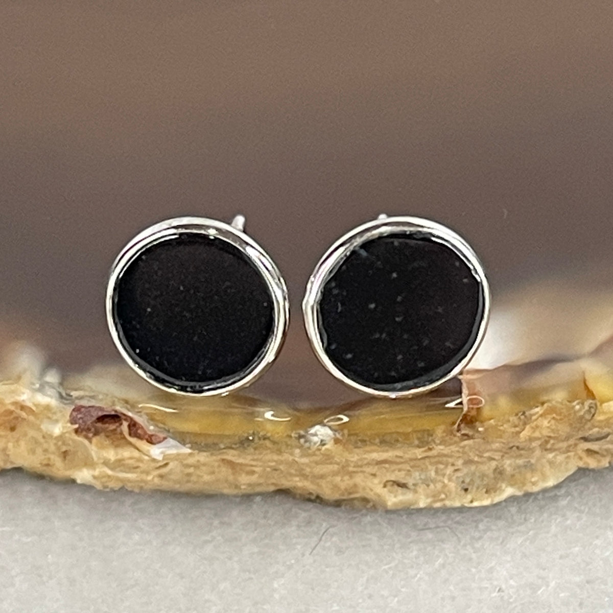 Certified Type A Black Omphacite Jadeite Round Earrings in S925 Silver | (0.86g Total Weight | 8.0x1.2mm | S925 Sterling Silver | Synergy, Negative Energy Shield, Wealth Retention & Minimalist Protection)
