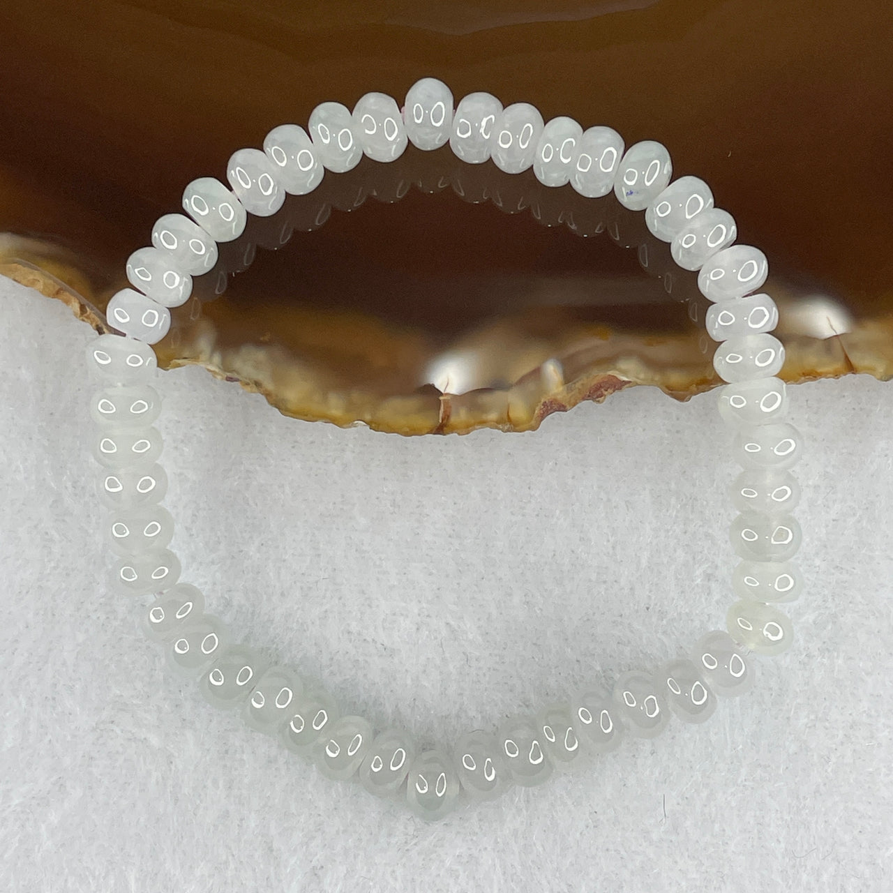 Natural Type A Semi-Icy Faint Blueish Green Jadeite Bracelet | 15cm 6.1mm Donut Shape Ping An Kou Safe Journey Bead Strand (12.95g, 46 Pcs)