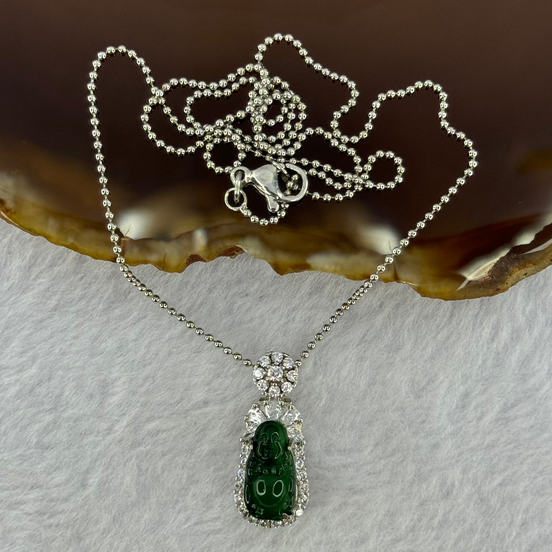 Type A Icy Green Omphasite Jadeite Milo Buddha 12.8 by 7.1 by 3.5mm with Crystals in S925 Sliver Necklace 2.87g - Huangs Jadeite and Jewelry Pte Ltd