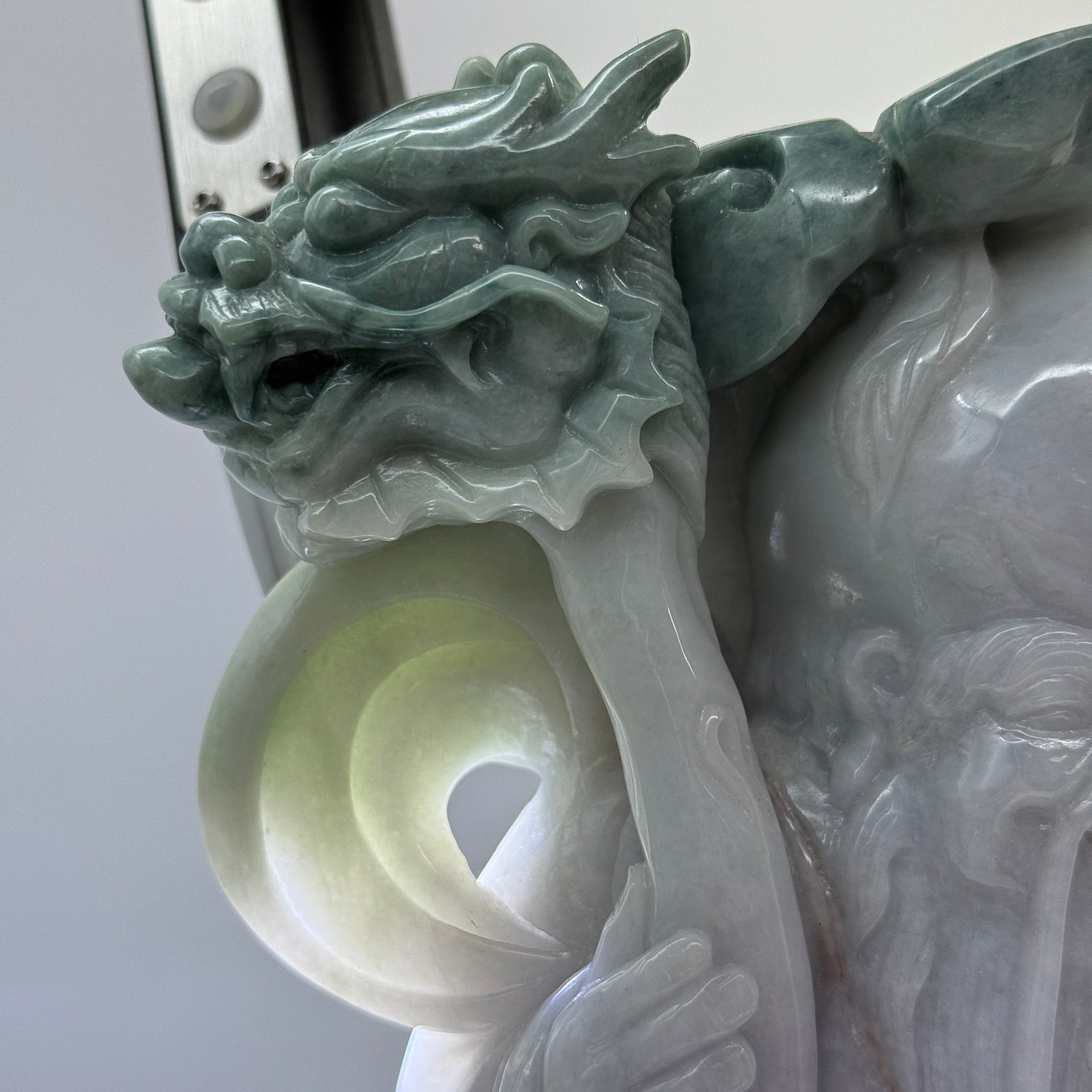 Type A Lavender, Green & Yellow Jade Jadeite Shou Xing Gong with Wooden Stand 财源滚滚 健康长寿 - 3.93kg Dimensions with Stand: 39 by 25 by 15cm Jade Dimensions: 27 by 15 by 7cm - Huangs Jadeite and Jewelry Pte Ltd