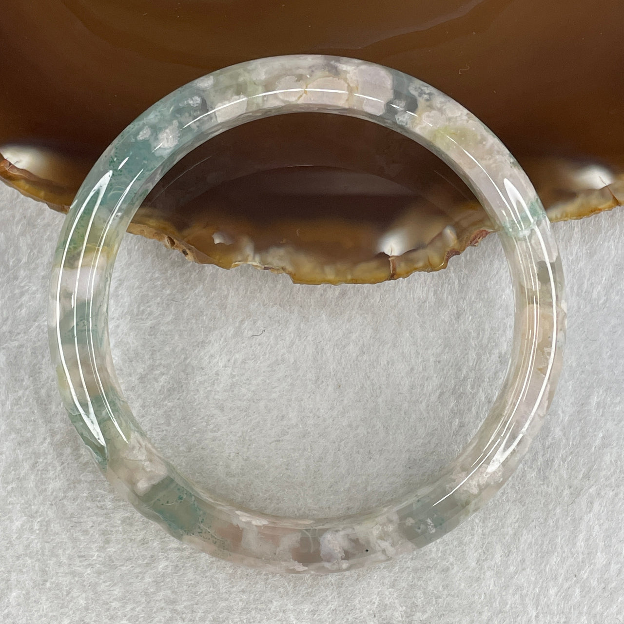 Natural Icy Green with White Flower Agate Bangle 39.69g Internal Diameter 61.3mm 11.8 by 7.7mm (Perfect) - Huangs Jadeite and Jewelry Pte Ltd