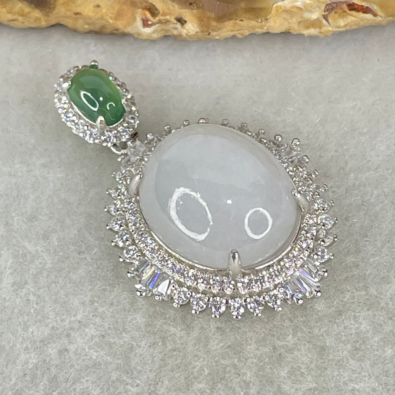 Type A Lavender and Old Mine Spicy Green Cabochon Jadeite in S925 Sliver with Crystal Charm 4.85g 14.2 by 12.2 by 7.0mm - Huangs Jadeite and Jewelry Pte Ltd