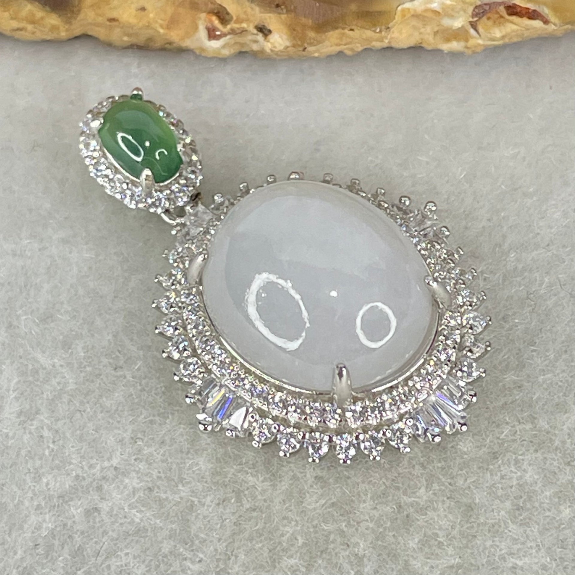 Type A Lavender and Old Mine Spicy Green Cabochon Jadeite in S925 Sliver with Crystal Charm 4.85g 14.2 by 12.2 by 7.0mm - Huangs Jadeite and Jewelry Pte Ltd